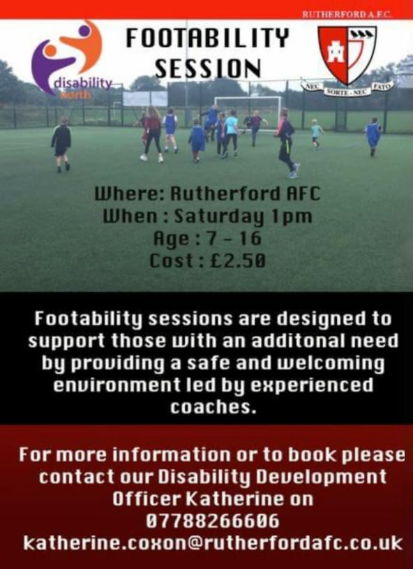 Footability session. Rutherford AFC. Saturday 1pm. Age 7-16.